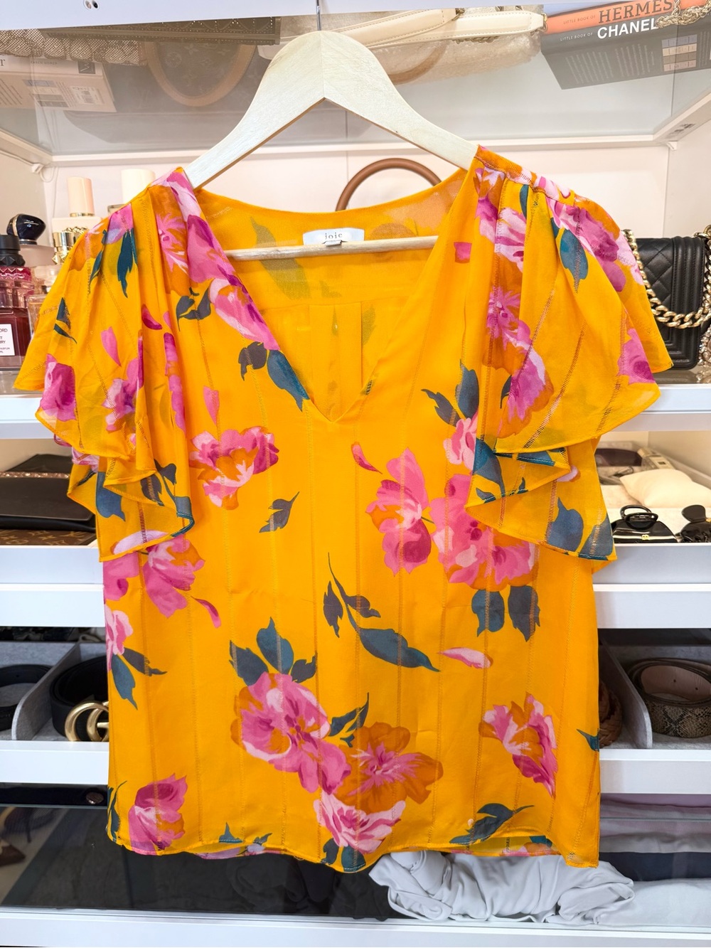 Joie orange silk floral blouse with pink flowers and green leaves, size xs